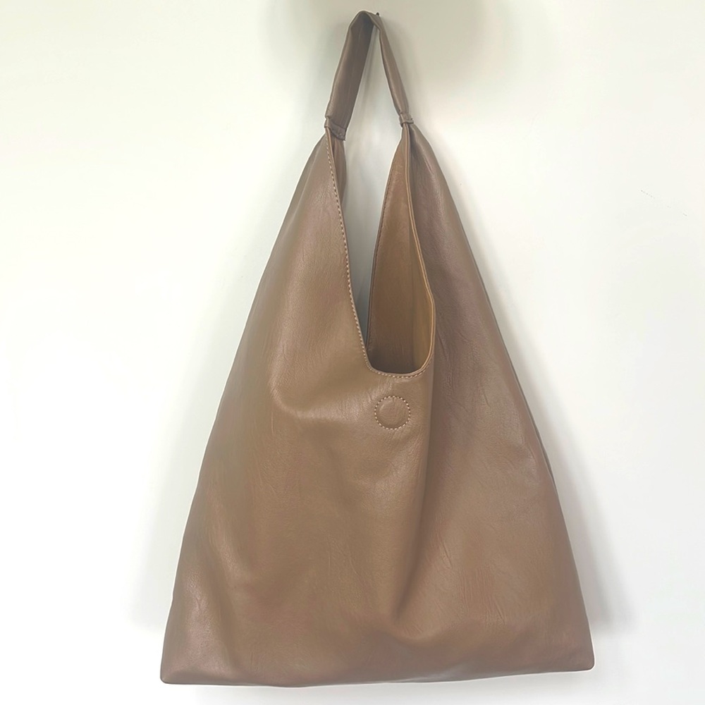 Boho Slouchy Shoulder Tote, Tan, Magnetic Closure, Vegan Leather Roomy Hobo Bag